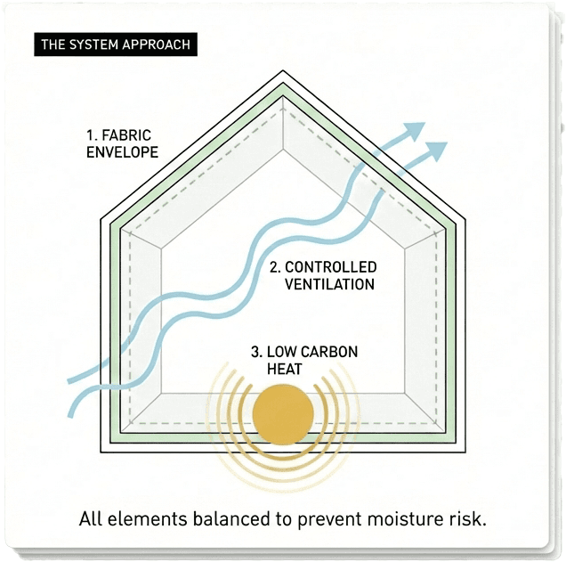 The System Approach: Fabric Envelope, Controlled Ventilation, Low Carbon Heat